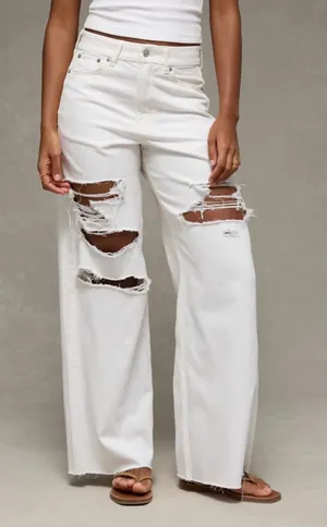 American Eagle Highest Rise Distressed Baggy Straight Leg Jeans White 2 thumbnail 1
