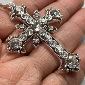 Silver Tone Cross Rhinestone Ornate Pendant Necklace Statement Religious Faith thumbnail 2