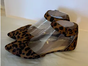 LOVE MARK 7.5 LEOPARD SUEDE ANKLE STRAP FLATS POINTY TOE BOX thumbnail 1