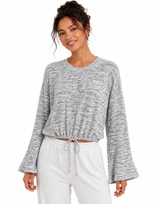 Aerie Gray Marled Drawstring Hem Pullover Top M thumbnail 1