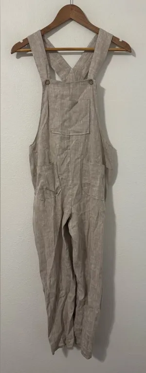Linen Fairytales 100% Linen Oatmeal Overalls Jumpsuit XS Lantern Leg Lagenlook thumbnail 1