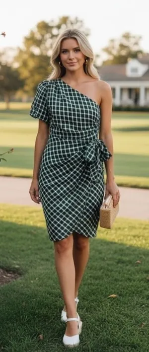 Tularosa One Shoulder Mini Dress Women's Size M‎ Green Plaid Wedding Guest thumbnail 1