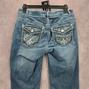 Blue Embroidered Stud Rhinestone Straight Leg Stitch Denim‎ Pants Jeans 10 thumbnail 5