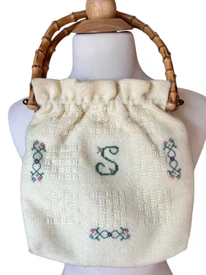 Vintage Monogram “S” Embroidered Cross Stitch Bamboo Handle Cottagecore Bag thumbnail 13
