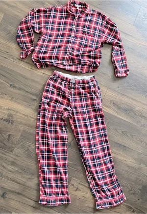 J.Crew Plaid Pajama Flannel Set Women Small Red Navy Blue Cotton NWOT thumbnail 1