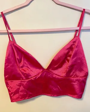 SHEIN Silky Satin Deep V Neck Bralette Crop Cami Tank Top Hot Pink Womens Size M thumbnail 1