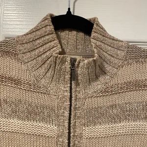 L.L. Bean Tan Striped Cotton Mock Neck Full Zip Knit Cardigan Sweater Size S P thumbnail 2