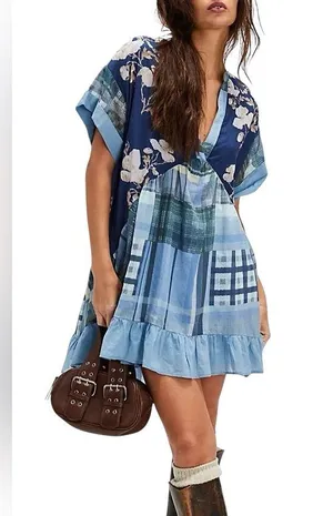 🆕 Free People | Printed Agnes Mini Dress | Indigo Combo | Sz: Xs thumbnail 1