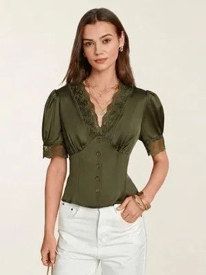 Rihoas Green V Neck Puffed Sleeve Lace Blouse thumbnail 3