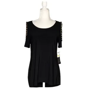 Coco Bianco Top Black Cold Shoulder Gold Chain Strap Detail Top Size Medium NEW thumbnail 12