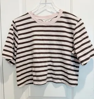 ANTHROPOLOGIE MAEVE Corey Short Sleeve Boxy Tee in PinkTaupe Brown Stripe XS thumbnail 1