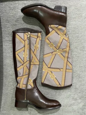 Tory Burch FELIX Riding Boots Brown Leather Equestrian Print Fabric Zip Size 5 thumbnail 9