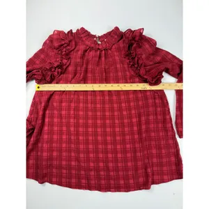 Entro Plaid Ruffle Long Sleeve‎ Blouse Top Keyhole Casual Red Size S thumbnail 2