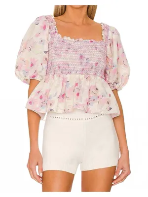 Anthropologie Something Navy Smocked Peplum Top | White Floral thumbnail 1