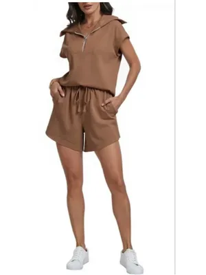NEW 2 Piece Set Half Zip Lapel Collar Lounge Set Cap Sleeve Shorts Pockets S thumbnail 7
