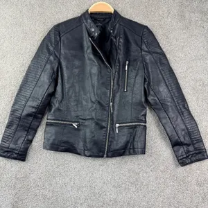 Halogen Moto Jacket Women XS Petite Black Faux Leather Biker Edgy Quilted Sleeve thumbnail 2