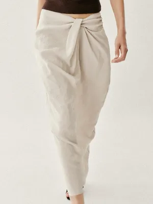 Zara NWT cream beige Draped twist front ruched Midi pareo Skirt thumbnail 5