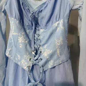 Light Blue Corset Mini Dress XS Floral Embroidered Lace Bell Sleeve Cottagecore thumbnail 3