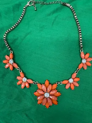 Silver Tone Statement Necklace w/ Orange Flower Rhinestone Pendant Box Chain thumbnail 3