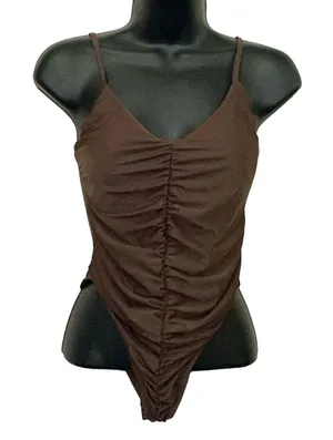 NWT PrettyLittleThing Chocolate Brown Ruched One Piece Swimsuit Size‎ 2 V Neck thumbnail 1