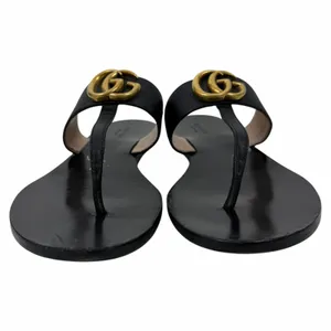 Gucci Black Leather Thong Sandal Gold Double G Logo Size 37 thumbnail 5