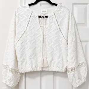 Line & Dot White Textured Cotton Boho Crop Blouse Tassel Tie Top Small thumbnail 2