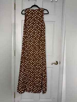 Halogen Brown Maxi Dress with White Polka Dots small flaw inside linen blend thumbnail 4