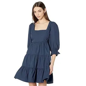 Madewell Lizzie Poplin Blue Puff Sleeve Square Neck Tiered Babydoll Mini Dress 0 thumbnail 5