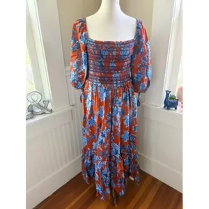Cara Cara Jazzy Floral Smocked Maxi Dress Puff Sleeve Orange Blue Size Medium thumbnail 9