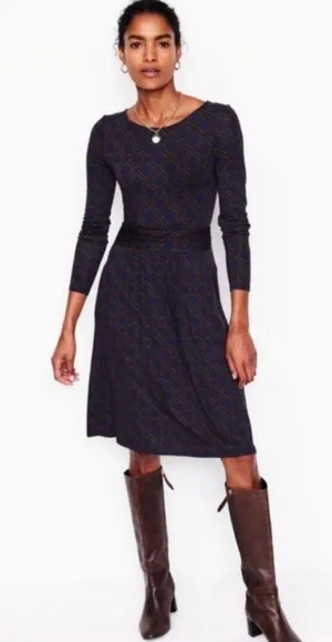 Boden Amelie Navy and Brown Geometric Print Long Sleeve Jersey Dress with Pockets thumbnail 1