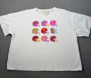 Fantastic Fawn Women Large White Football Helmets Graphic T-Shirt Boxy Colorful thumbnail 1