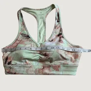 YOGASMOGA Women Mint Green Floral Racerback Ruched V-Neck Sports Bra Medium NEW thumbnail 5