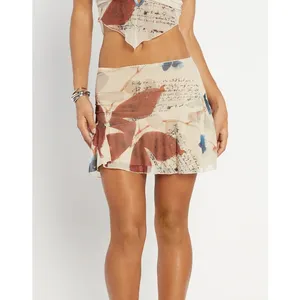 Tiger Mist Feyra Beige Low Waist Graphic Print Butterfly A Line Mini Skirt Sz L thumbnail 5