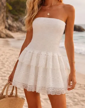 BTB Los Angeles White Smocked Strapless Lace Tiered‎ Mini Dress Women Size M NEW thumbnail 1