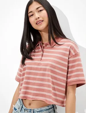American Eagle Salmon‎ Pink and White Striped Cropped Polo Shirt thumbnail 1