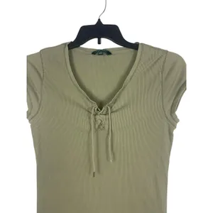 Ralph Lauren Y2K Ribbed Lace Up Top Womens L Sage Green Short Sleeve Grunge thumbnail 2