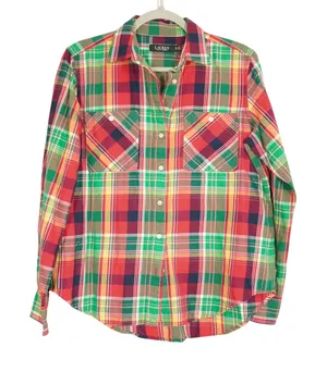 Lauren Ralph Lauren Women's Fall Plaid Button Down Shirt Roll Tab Petite Large thumbnail 1