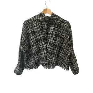 Zara Tweed Plaid Cropped Turtleneck Small Fringe Baggy Oversized Minimalist thumbnail 3