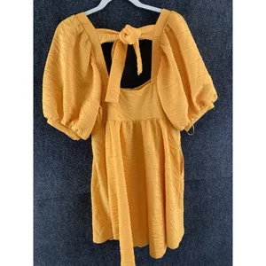 Free People Mini Dress Retail$108 Bow Textured Babydoll Yellow Size L NWT thumbnail 12