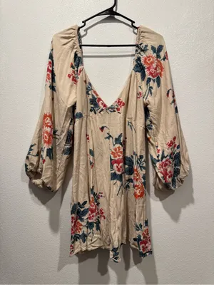 Free People Francesca Mini Dress L Cream Floral Balloon Sleeve Boho thumbnail 3