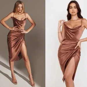 HOUSE OF CB Women Reva Satin Gathered Corset Dress Toffee Size Small $255 NEW thumbnail 2