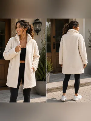 LOFT Cream Sherpa Teddy Coat with Zip Pockets thumbnail 2