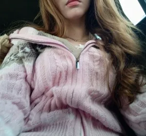 Pink & white knit zip-up sweater - soft & cozy #cottagevibes thumbnail 2