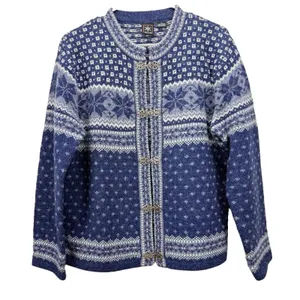 SKYR Norwegian Wool Sweater Cardigan Blue Fair Isle Front Metal Clasps MEDIUM thumbnail 2