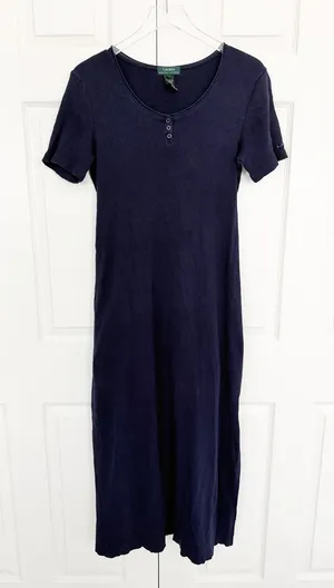 Lauren Ralph Lauren Navy Ribbed Henley Maxi Dress Minimalist Casual Chic thumbnail 1