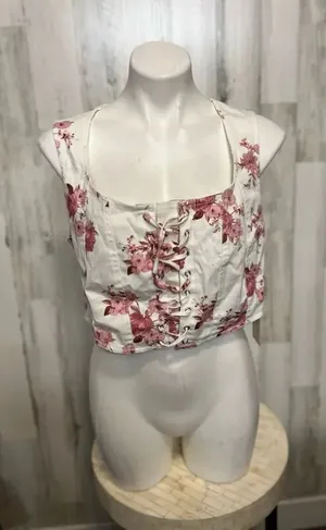 Blashe Floral Lace-Up Corset Crop Top XL White Pink Sleeveless Cottagecore thumbnail 1
