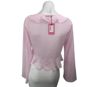 NEW Edikted Pink Ruffle Tie Front Long Sleeve Sheer Peplum Crop Coverup Top Sz S thumbnail 2