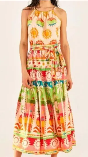 Farm Rio Women's Rainbow Sunset‎ Halter Bow Maxi Dress Size XL thumbnail 1
