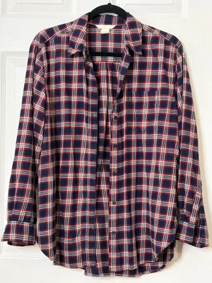H&M LOGG Plaid Flannel Shirt Womens 6 Red Blue Buffalo Check Grunge Casual Top thumbnail 4