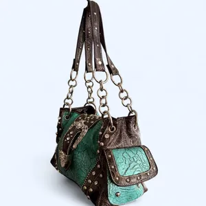 Y2K 2000s Western Mcbling Bimbo Goth Leather Rhinestone Large Buckle Hand Shoulder Bag Purse Preppy bedazzled silver stud blue turquoise brown #cowgirl #whimsygoth #grunge #punk #stagecoach festival Measurement in pics Some distressing see pics thumbnail 3